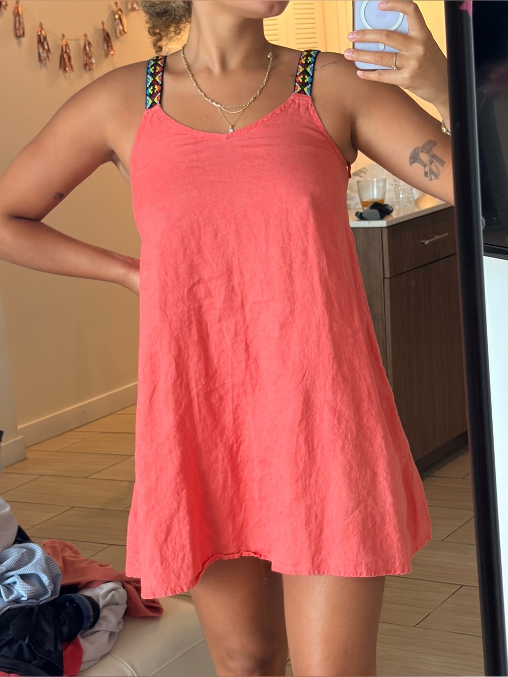 Cynthia Rowley Coral Linen Sundress with Colorful Woven Straps